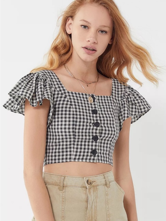 Urban Outfitters Tops - UO Rita Gingham Flutter Sleeve Cropped Top // XS
